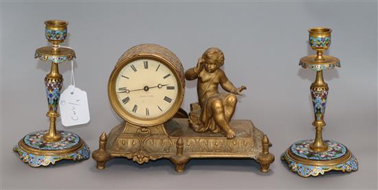 A pair of champleve enamel candlesticks and a gilt mantel clock candlesticks 18cm